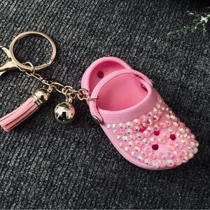 💖 New! Rhinestone Bling Pink Croc Inspired Keychain w Tassel